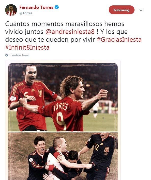 Fernando Torres pays tribute to Andres Iniesta