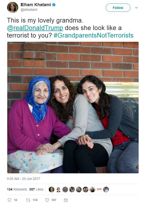 Elham Khatami tweeted a picture of herself smiling with her grandmother, saying: "This is my lovely grandma. @realDonaldTrump does she look like a terrorist to you?"