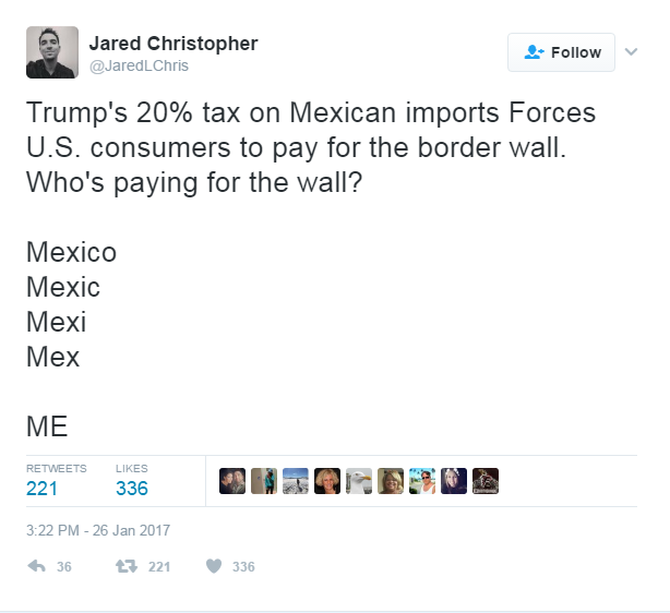 Tweet saying: Trump's 20% tax on Mexican imports Forces U.S. consumers to pay for the border wall. Who's paying for the wall? Mexico, Mexic, Mexi, Mex, Me