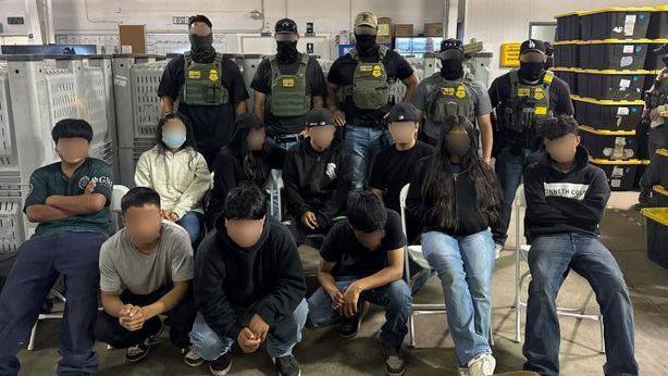10 teenagers with their faces blurred to protect their identities sit in front of 5 federal immigration agents who also have their faces blurred.