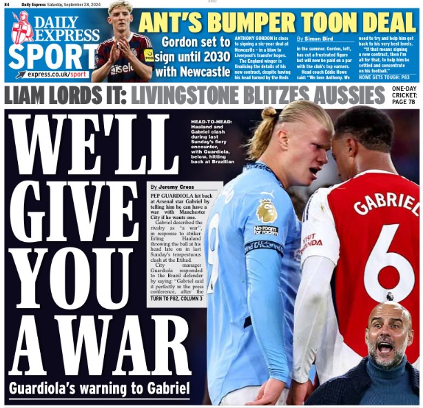 Back page of the Daily Express on 28 September 2024