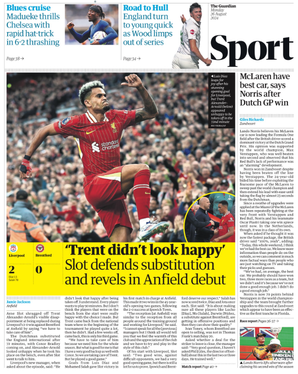 Guardian sport page on 26 August 2024