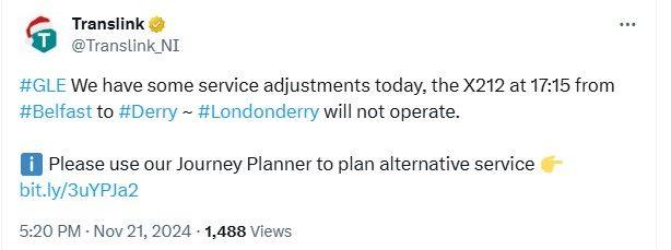 A screenshot of a tweet which outlines last minute cancellations to the X212 bus to Derry-Londonderry from Belfast.