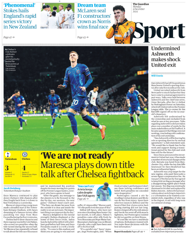 Lead sport page of the Guardian on 9 December 2024