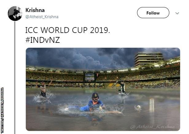 A tweet including a photoshopped image of India playing New Zealand in a flooded cricket stadium