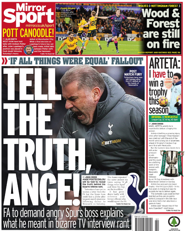 Back page of the Daily Mirror on 7 January 2025