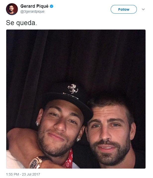 Gerard Pique with Neymar Jr on Twitter