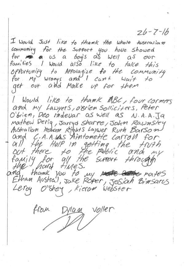 Letter by Dylan Voller