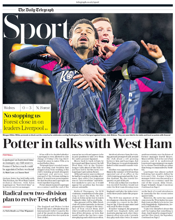 Lead sport page of the Daily Telegraph on 7 January 2025