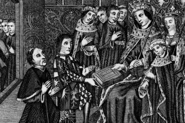 A black and white ink print of Edward IV sitting on a chair being presented with a book surrounded by other figures, including the printer William Caxton
