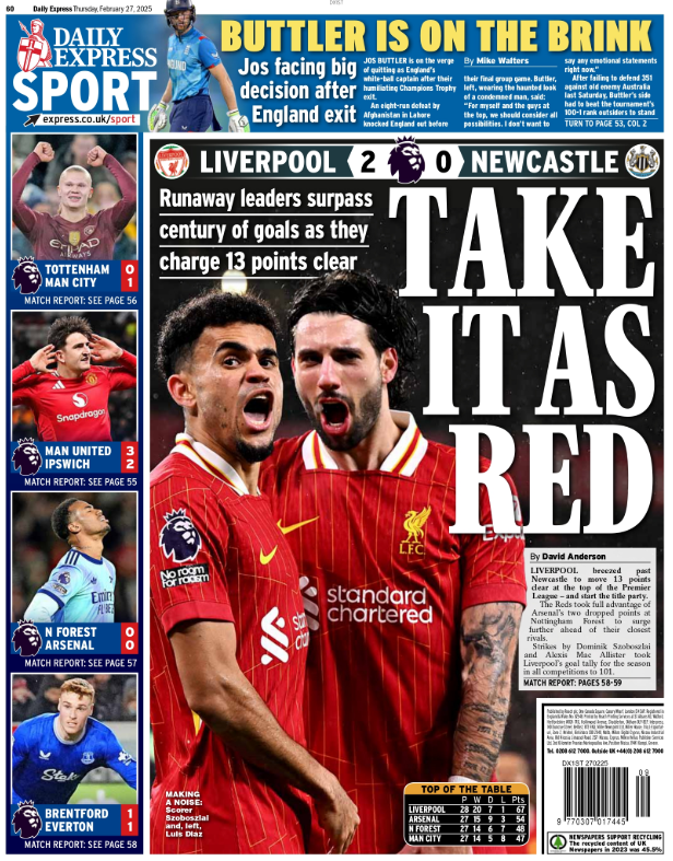 Back page of the Daily Express on 27 February 2025