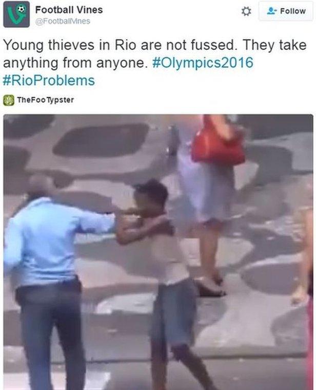 Tweet reads: "Young thieves in Rio are not fussed. They take anything from anyone. #Olympics2016 #RioProblems"