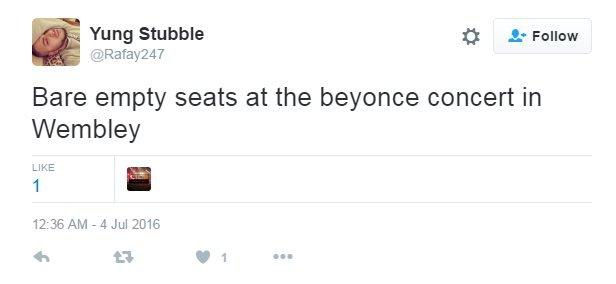 Tweet reads: Bare empty seats at the Beyonce concert in Wembley