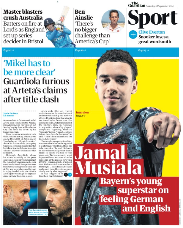 Lead sport page of the Guardian on 28 September 2024