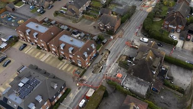 An aerial view of the sinkholes in Godstone High Street.