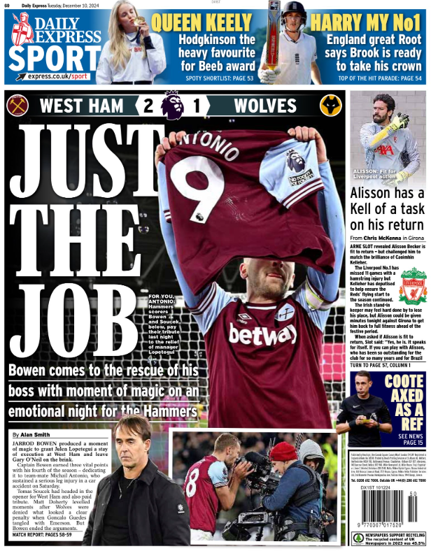 Back page of the Daily Express on 10 December 2024