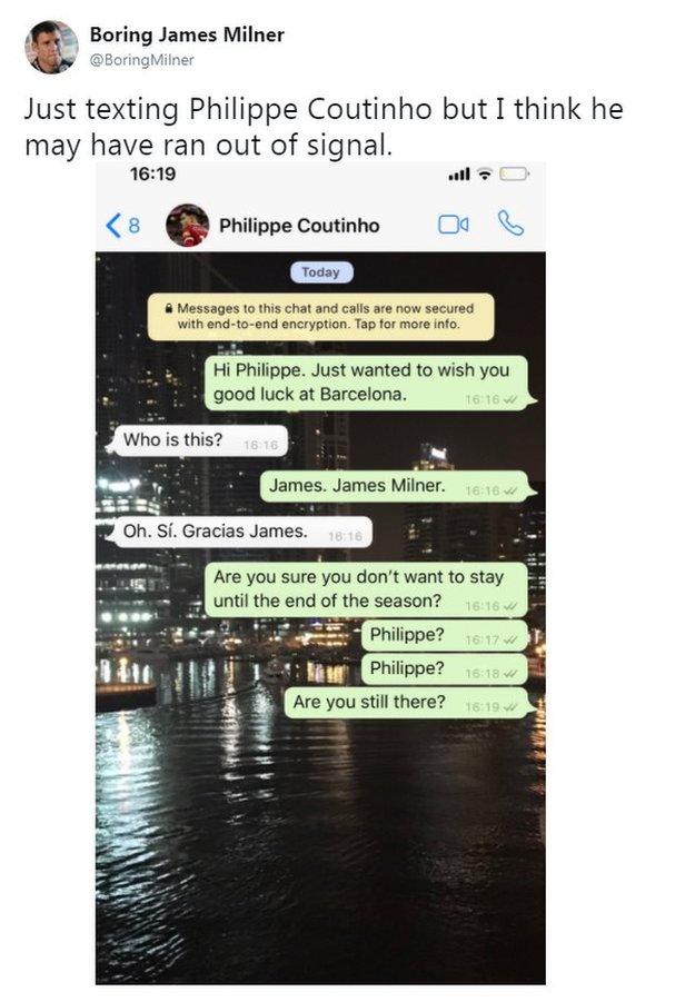 Parody James Milner account tweets about Coutinho