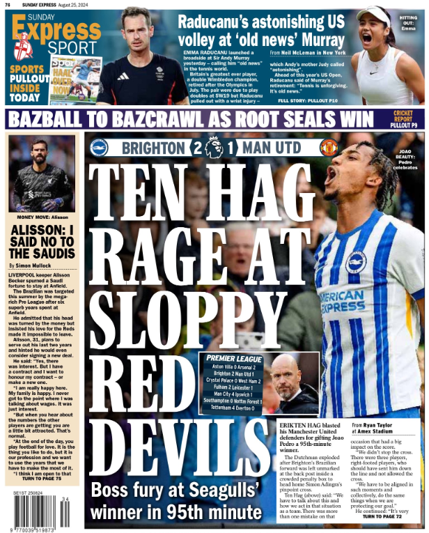 Back page of the Sunday Express on 25 August 2024