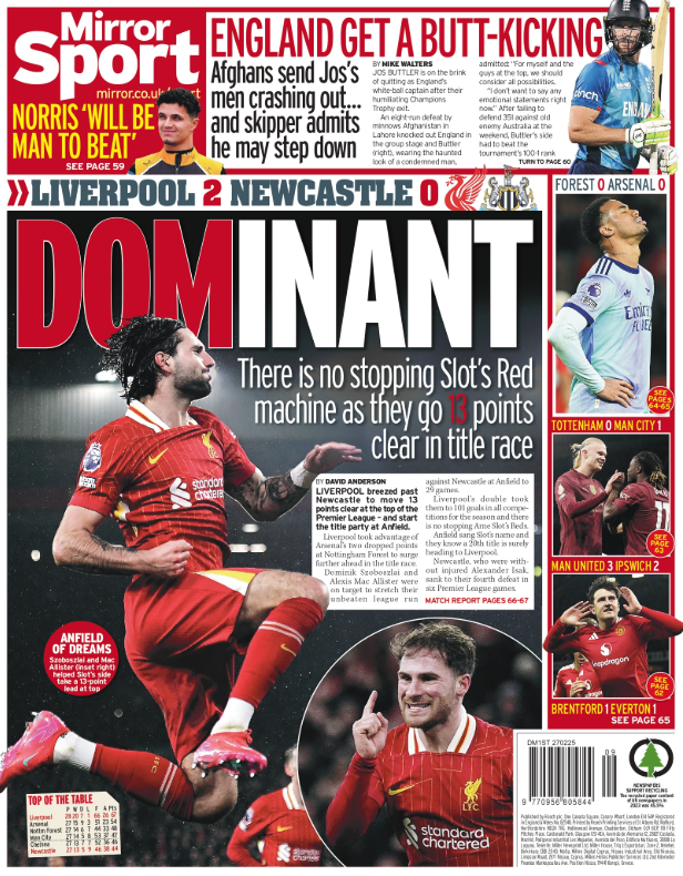 Back page of the Daily Mirror on 27 February 2025