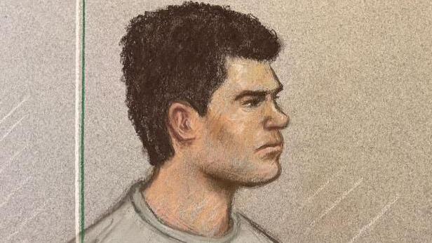 A court artist drawing of Jake Cummings:  The image shows a man with short dark hair, wearing a grey, round-neck top and sitting on a green chair.
