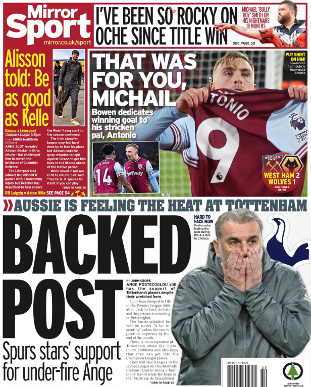 Back page of the Daily Mirror on 10 December 2024