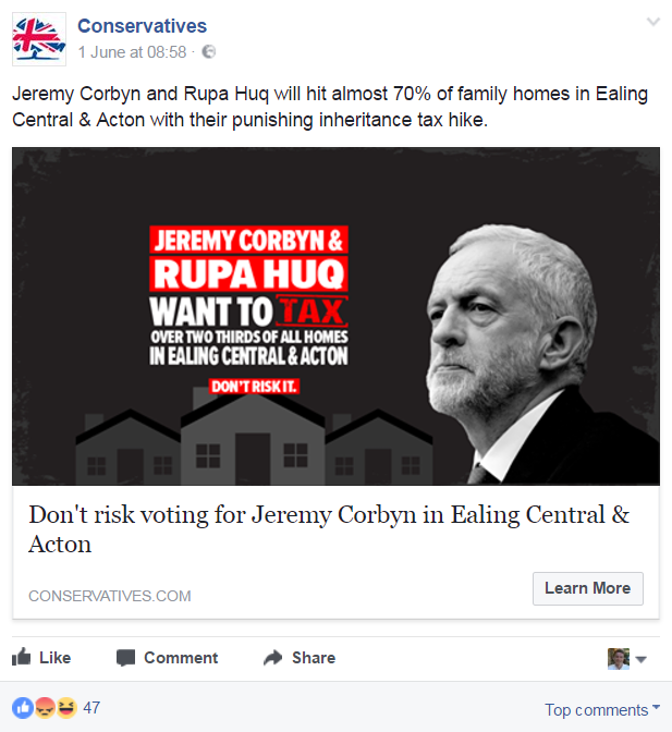 Conservative advert, saying: "Don't risk voting for Jeremy Corbyn in Ealing Central & Acton"