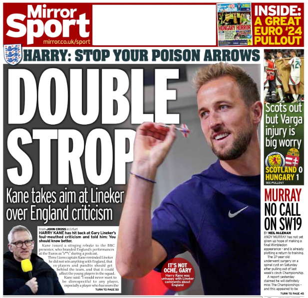 Back page of the Daily Mirror on 24 June 2024