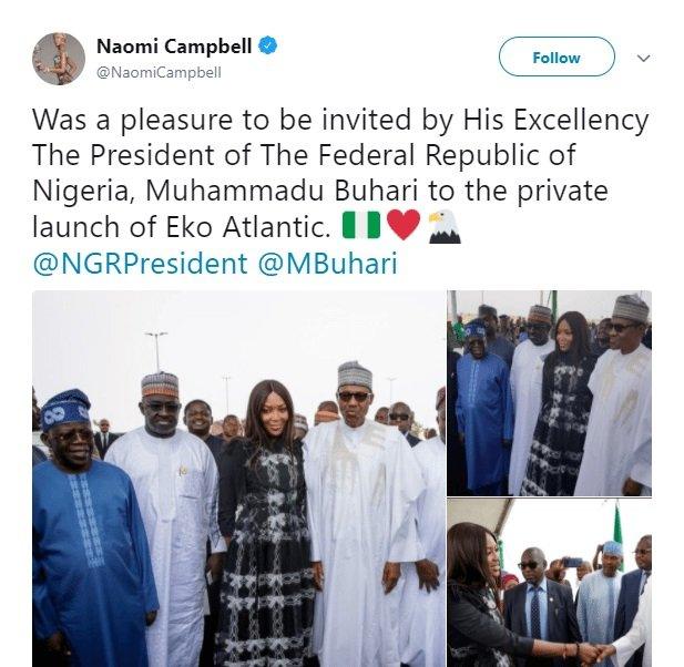 Naomi Campbell pictured with Nigerian president Muhammadu Buhari.