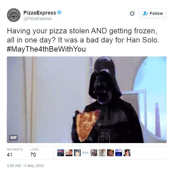 Tweet: Having your pizza stolen AND getting frozen, all in one day? It was a bad day for Han Solo. #MayThe4thBeWithYou