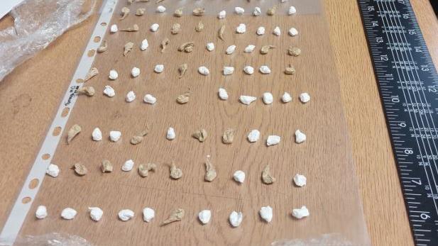 Rows of small white packages on a wooden table with a black ruler alongside.