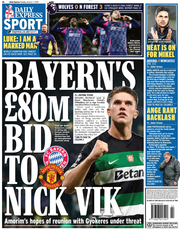 Back page of the Daily Express on 7 January 2025