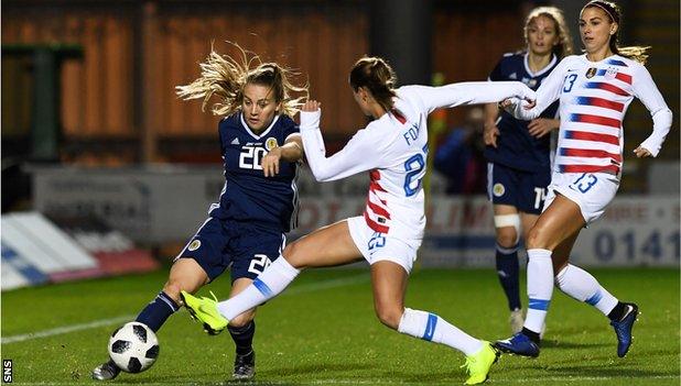 Fiona Brown with the ball against the USA