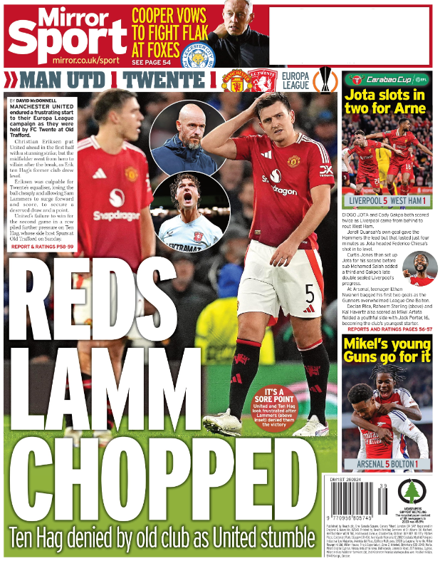 Back page of the Daily Mirror on 26 September 2024