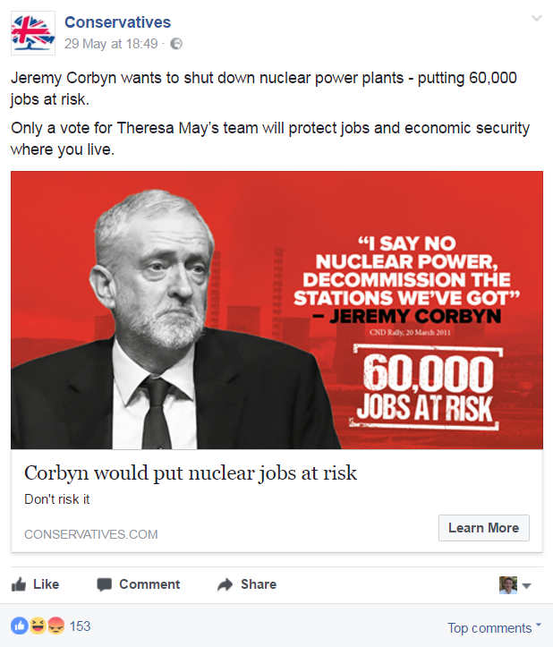 An example of a hyper-targeted Conservative advert seen in Derby North. Labour won the seat