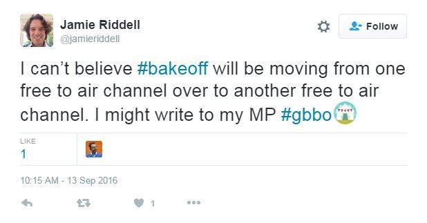 Jamie Riddell on Twitter: I can't believe #bakeoff will be moving from one free to air channel over to another free to air channel. I might write to my MP. Hashtag: GBBO