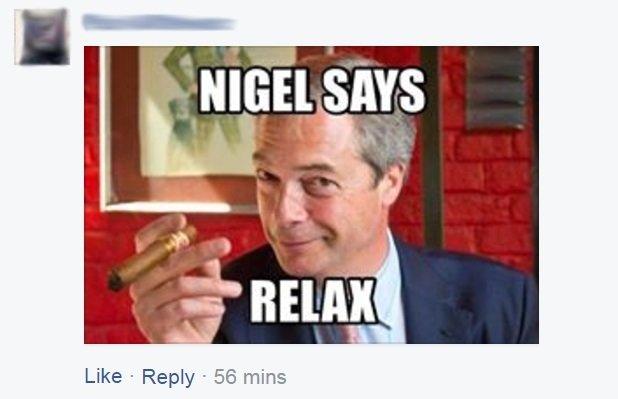 Facebook post, with the words: "Nigel says relax"