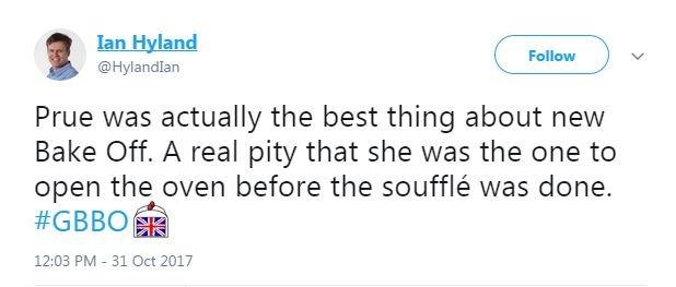 Prue was actually the best thing about new Bake Off. A real pity that she was the one to open the oven before the soufflé was done.