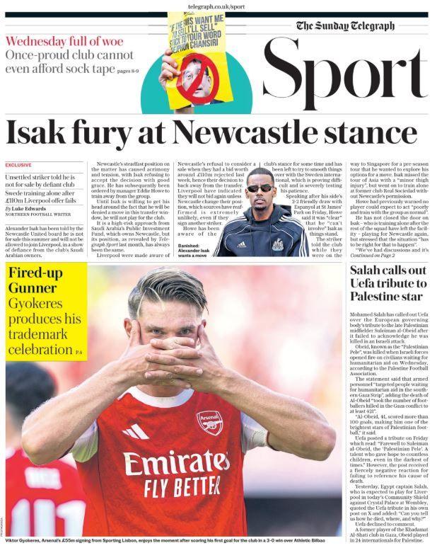 Lead sport page of the Sunday Telegraph on 10 August 2025