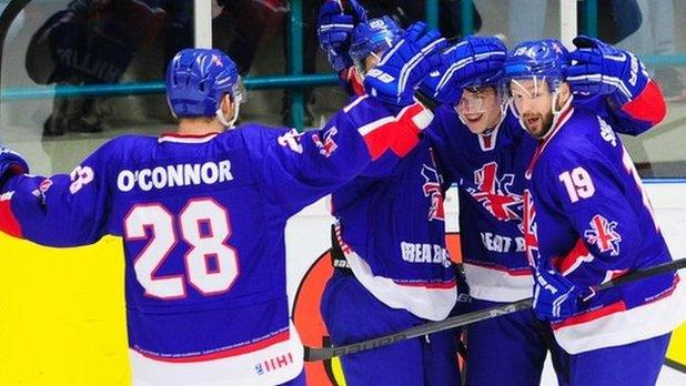 Great Britain ice hockey celebrate against the Netherlands