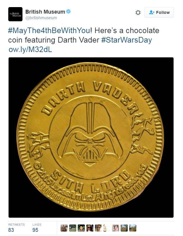 Tweet: #MayThe4thBeWithYou! Here’s a chocolate coin featuring Darth Vader #StarWarsDay