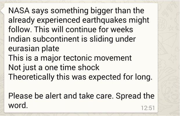 Screenshot of a WhatsApp message warning about earthquakes