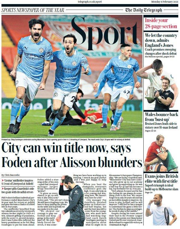 The front page of the Daily Telegraph sports section