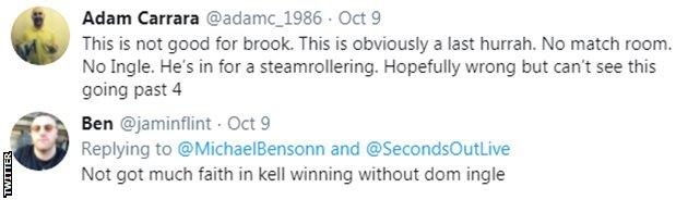 One fan on Twitter describes Kell Brook's fight with Terence Crawford as "one last hurrah" for the Briton, while another says he has "not got much faith in Kell winning without Dom Ingle"