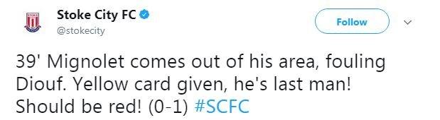 Stoke City twitter account on Simon Mignolet's foul