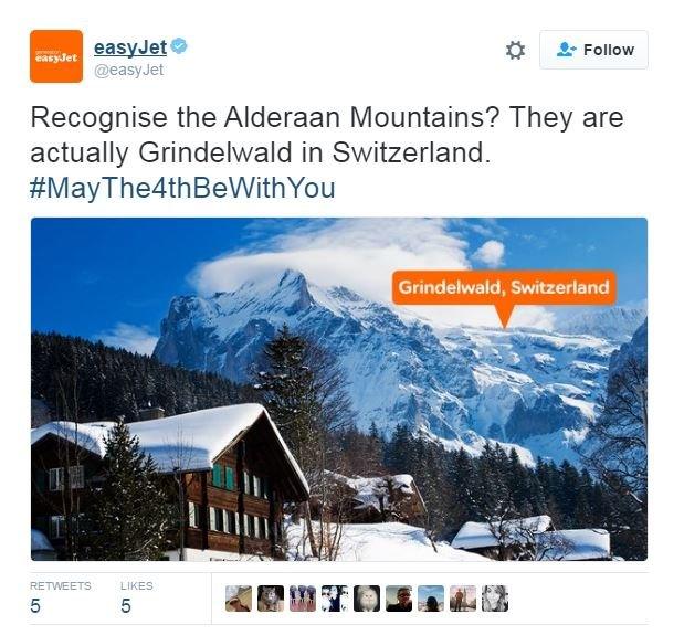 Tweet: Recognise the Alderaan Mountains? They are actually Grindelwald in Switzerland.