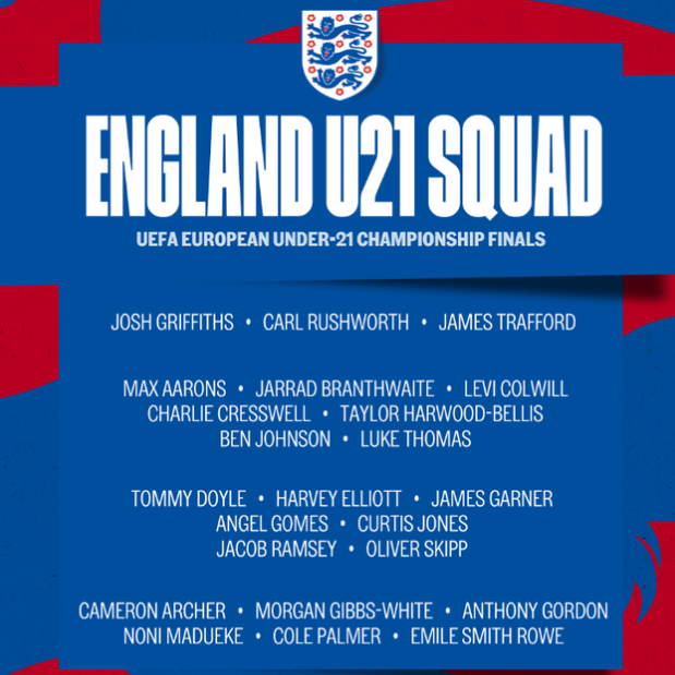 England U21 Euro 2023 squad
Josh Griffiths 
Carl Rushworth 
James Trafford 
Defenders
Max Aarons
Jarrad Branthwaite 
Levi Colwill
Charlie Cresswell 
Taylor Harwood-Bellis
Ben Johnson 
Luke Thomas 
Midfielders
Tommy Doyle 
Harvey Elliott
James Garner 
Angel Gomes
Curtis Jones
Jacob Ramsey
Oliver Skipp 
Forwards
Cameron Archer 
Morgan Gibbs-White 
Anthony Gordon 
Noni Madueke 
Cole Palmer 
Emile Smith Rowe

