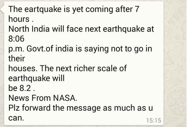 Screenshot of a WhatsApp message warning about earthquakes