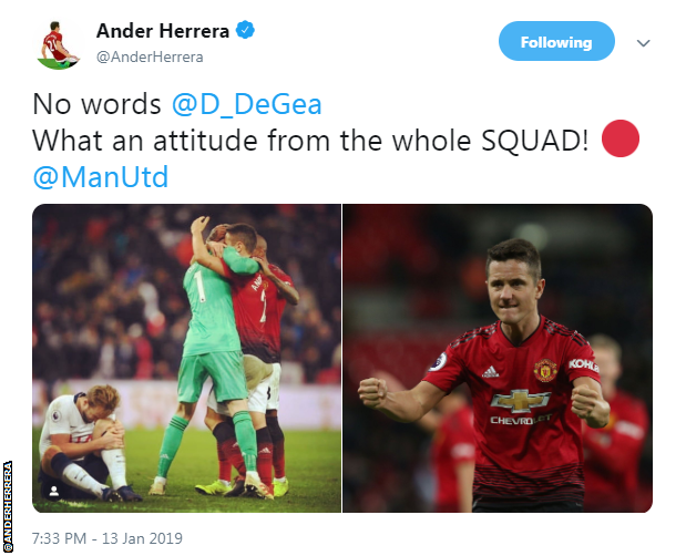 Ander Herrera tweet in which he praises the attitude of the whole squad