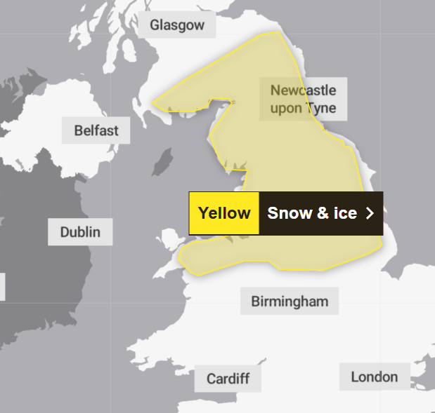 A map which has a yellow highlighted section covering all of the north of England - from north of Birmingham to the Scottish border. The map is labelled 'Yellow, Snow & ice". 