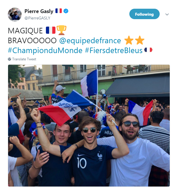 Pierre Gasly celebrates France winning the World Cup